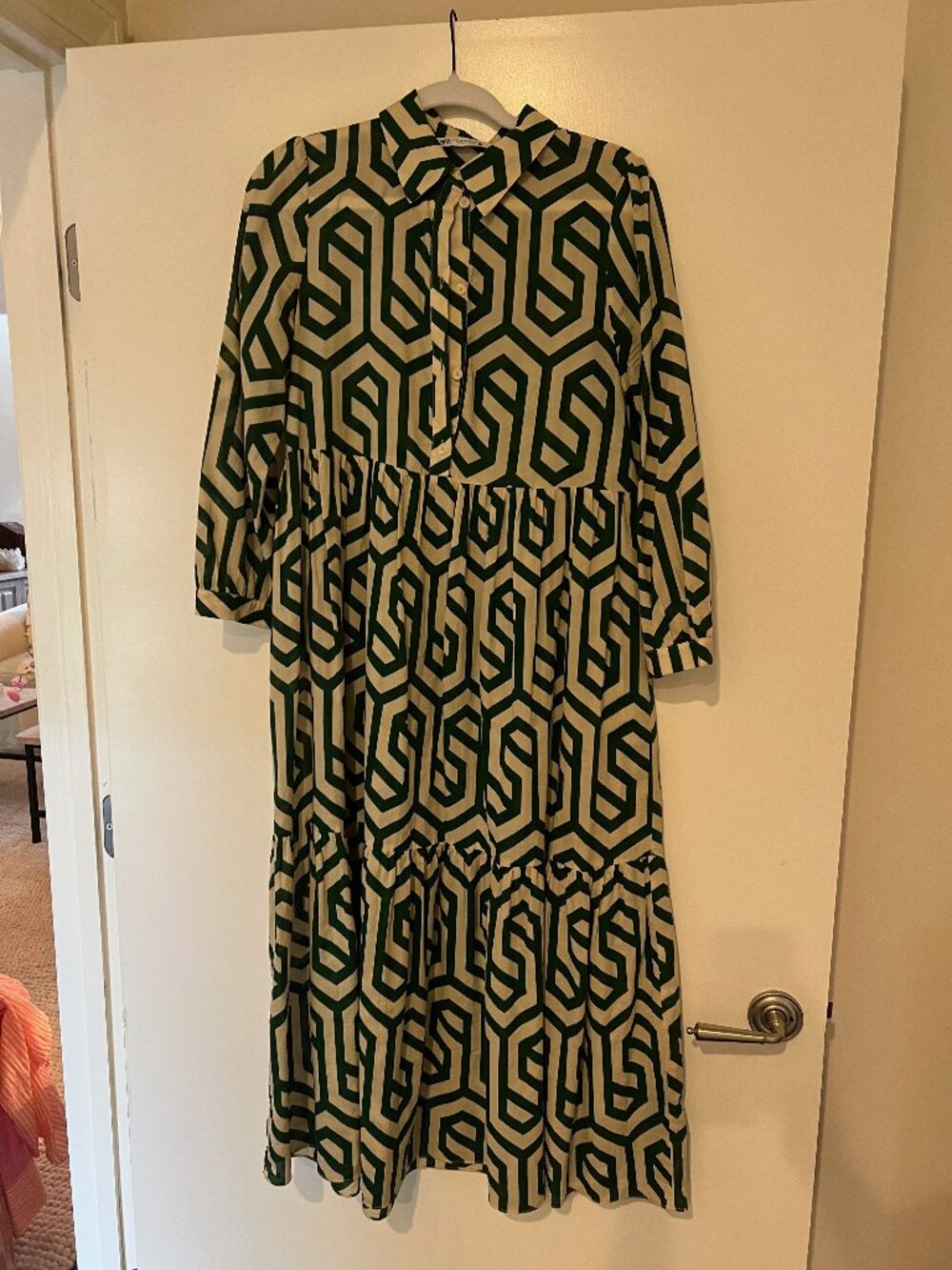 Zara Geometric Print Button Front Tiered Midi Dress
